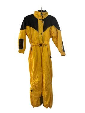 Vintage Obermeyer Marilyn Yellow Black Ski Suit Snowsuit Size 6 Thermolite Hood